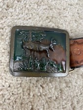 Vintage 1977 Indiana Metal Craft Deer Buck Froz'n Brass Buckled Belt Made in USA