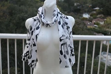 Rectangle Scarf Music Notes Print White Black Sheer Lightweight Women