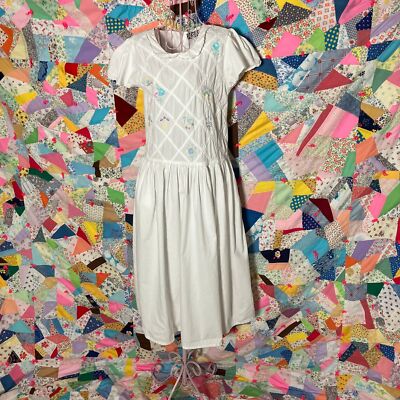 vintage 80s dress cottage core pastel floral embroidery pink white green  M - Main Image