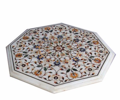 15'' Corner Marble Table Top Semi Precious Stone Inlay Handmade Work