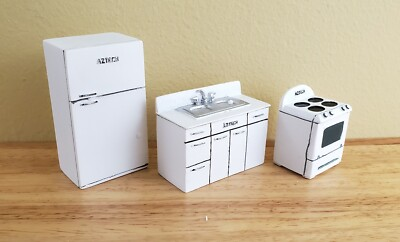 #ad Dollhouse Miniature Half Scale Kitchen Set Fridge Stove Sink 1:24 Scale Resin $28.00