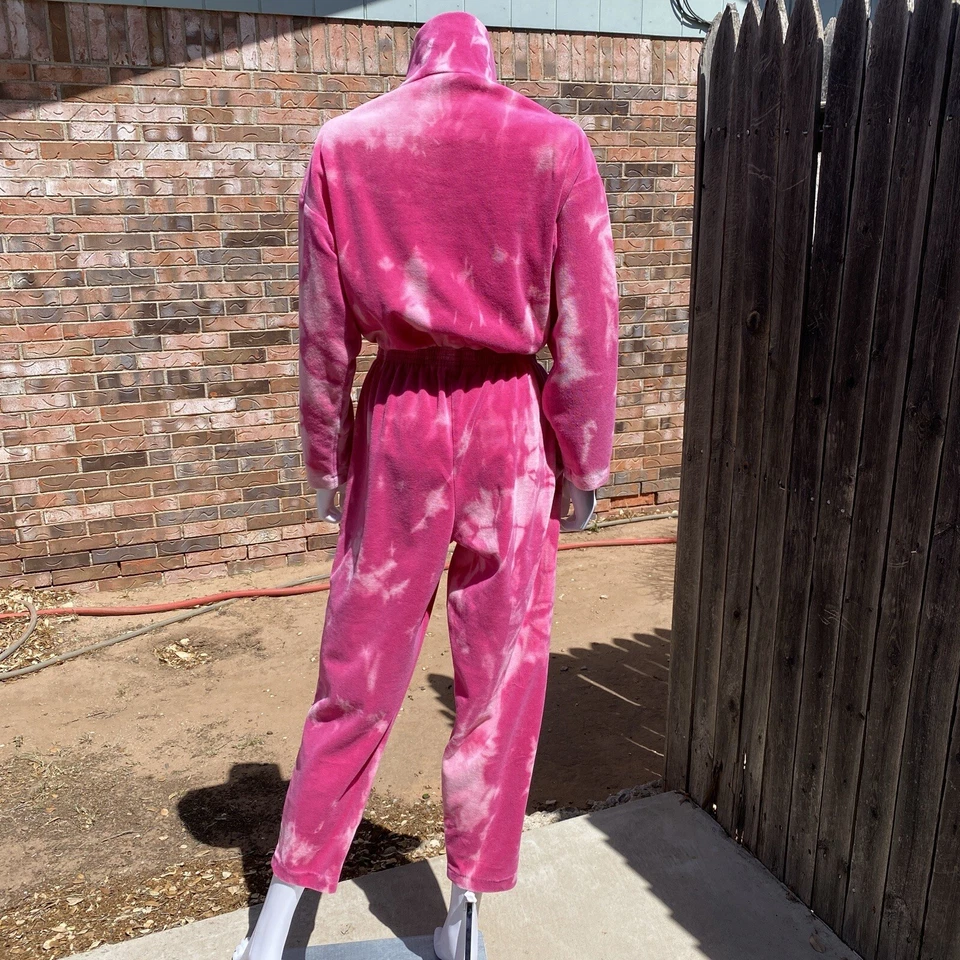 80s 90s Apostrophe size Medium velour Jumpsuit Women hot pink Tie Dye vintage Foto 2 de 4