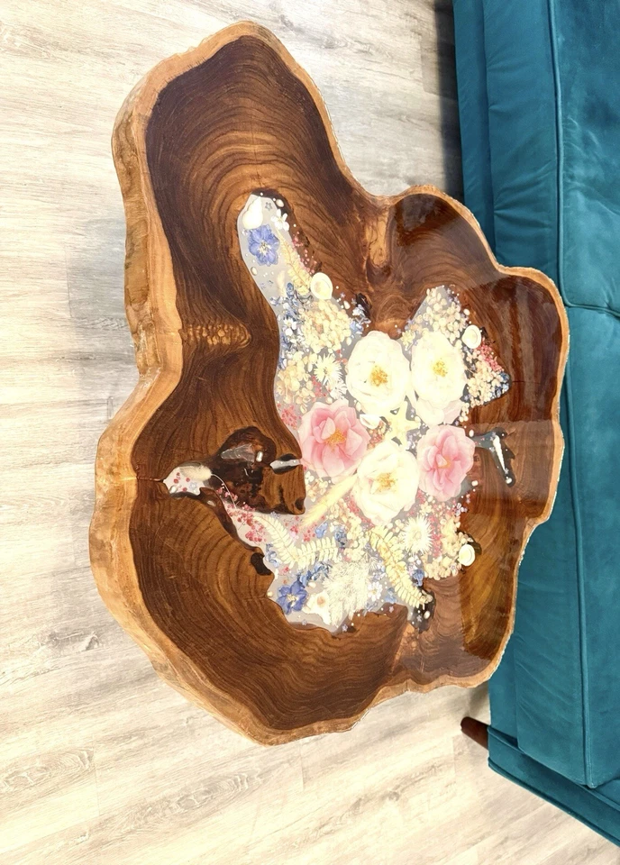 Wooden Epoxy Resin Table Teakwood With Natural Dried Flowers - Image 2 of 4