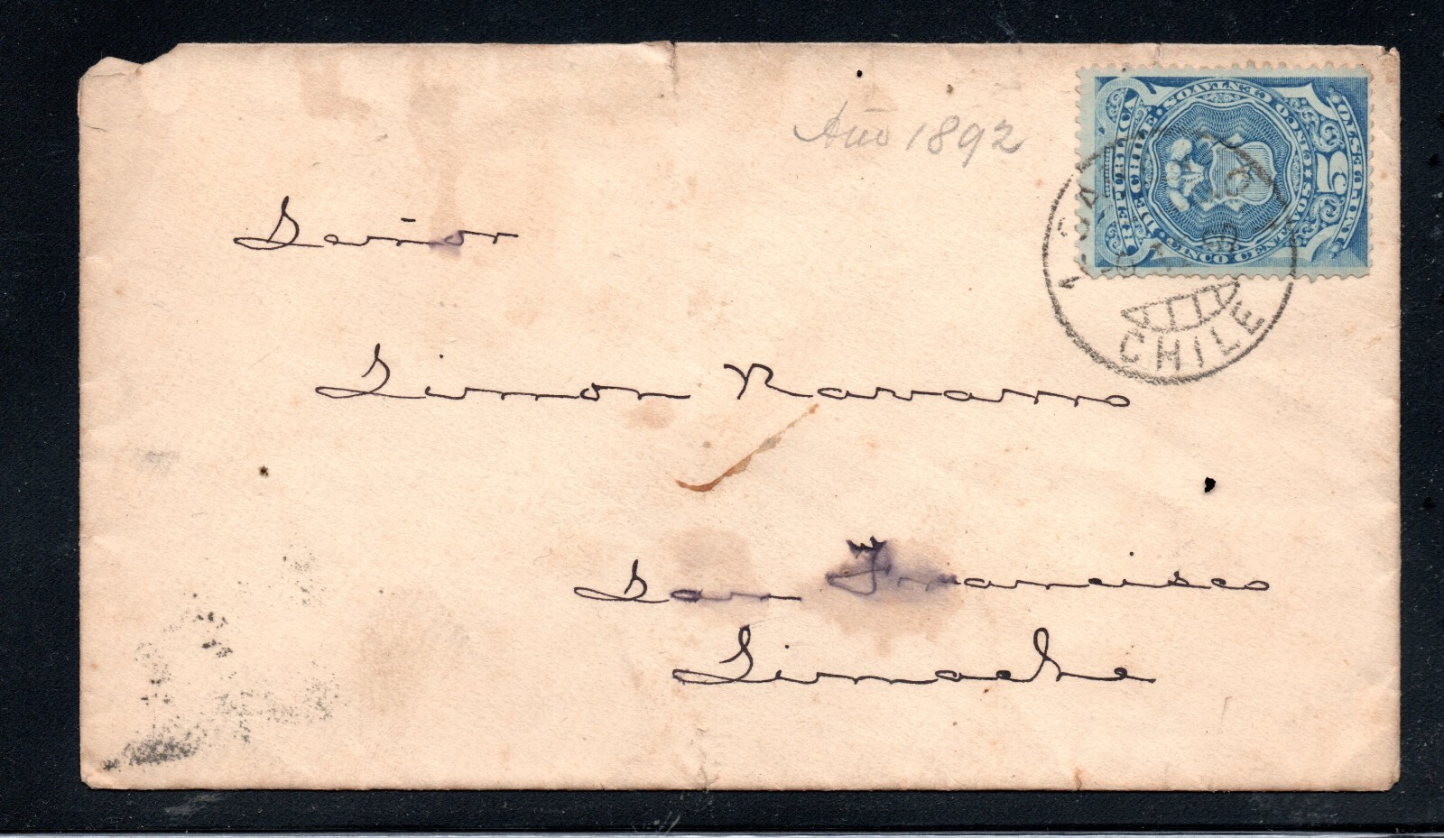 CHILE, SOBRE, SANTIAGO - LIMACHE, AÑO 1892, CIRCULADO CON SELLO DE IMPUESTOS