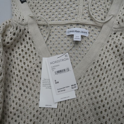 Calvin Klein Womens Hoodie Size Small Beige Cotton Loose Knit V Neck Neutrals - Picture 3 of 7