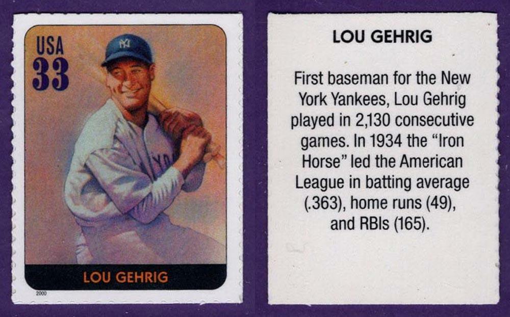 Lou Gehrig New York Yankees 2000 USPS Legends of Baseball 33 Cent Stamp