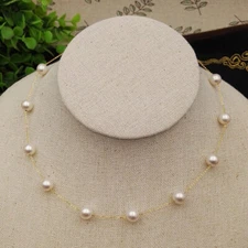 16" Gorgeous AAA+ 7-8mm real natural AKOYA WHITE round pearl necklace 14k gold