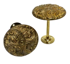 Pair Vintage Solid Brass Ornate Round Curtain Drapery Tie Backs Wall Mounts 4"