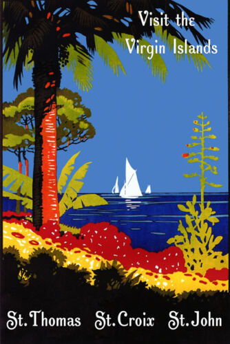 Poster vintage St. Thomas St. Croix île Saint-Jean voilier mer Repo GRATUIT S/H - Photo 1 sur 1