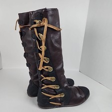Women's Renaissance Pirate Flat Knee High Brown Boots Lace Up FAUX Leather