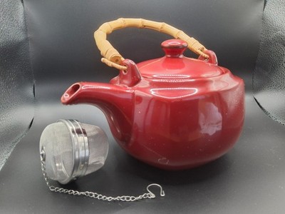Southern Living At Home Red Harmony Stoneware Teapot W/ Bamboo Handle & diffuser