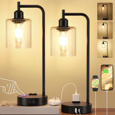 Dimmable Industrial Touch Table Lamps Set of 2 with USB Ports and Glass Shade