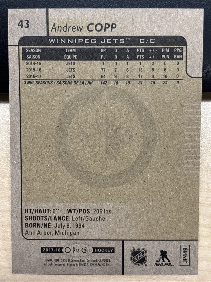 2017-18 17/18 O-Pee-Chee #43 Andrew Copp Winnipeg Jets - Image 2 of 2