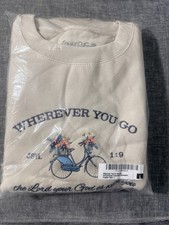 Women  s Beige L Crewneck Pullover Sweatshirt Embroidered Graphic