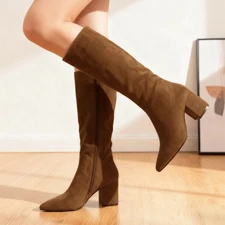 Lurnyet Women's Pointed Toe Knee High Boots 3 Inch Blck Heel, Side Zip Closure