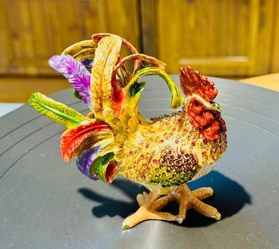 Colorful Enamel Rooster Trinket Box   Handcrafted Metal Figurine with Rhinestone