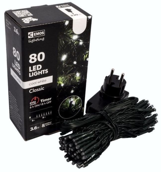 CHRISTMAS TREE LIGHTS 80 LED CW 8M GREEN CABLE TIMER ZY0802T