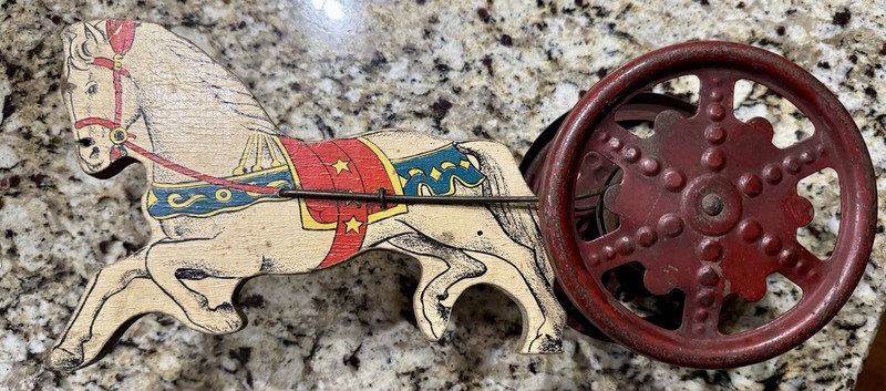 Vintage Gong Bell Wood Circus Horse Pull Toy - 12 1/2” across