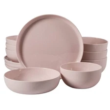 Gibson Home Candy Skies 12 Piece Wheat Straw Melamine Dinnerware Set Pink