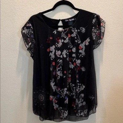Desigual Black  Sheer Women s Embellished  Rhinestones Floral Blouse Size L