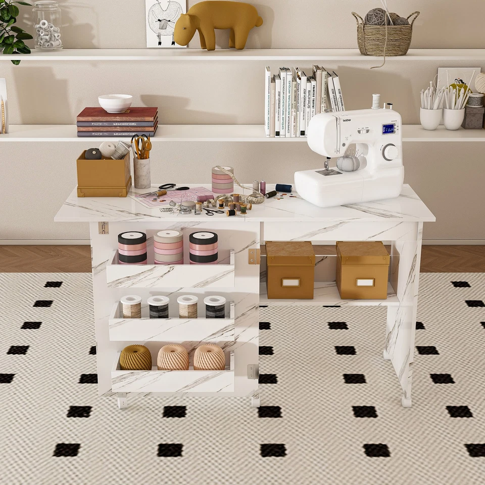 4-in-1 Folding Sewing Machine Table,Computer Desk & Kitchen Storage with Shelves - Image 2 of 4