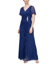 179 Alex Evening Women's Embellished Flutter-Sleeve Gown, Electric Blue, 12