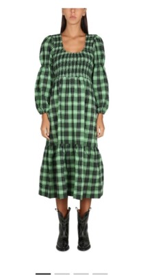 Ganni Seersucker Check Maxi Smock Dress Green Black Size 36/small