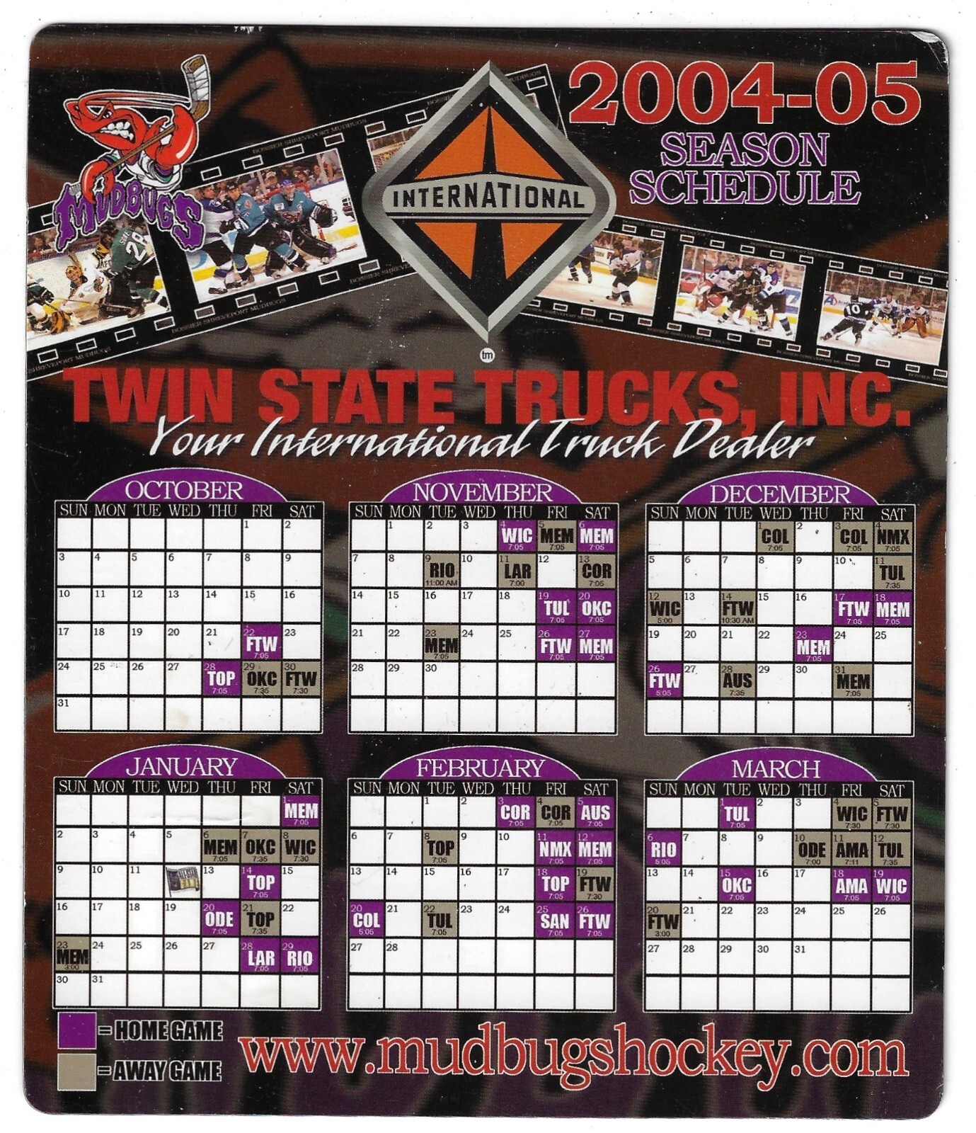 RARE 2004 05 Bossier Shreveport Mudbugs CHL MAGNET Hockey Schedule 