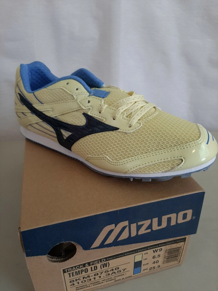Mizuno Womens Track Shoe Tempo LD Light Yellow Navy blue Spikes Size 9 cross