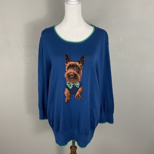 Lands End $79 Sweater XL Dapper Dog Scottie Yorkie Terrier Blue Pullover Cotton