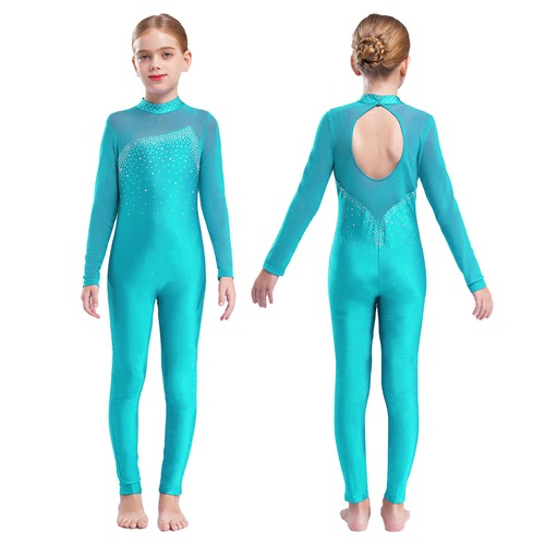 AU Girls Long Sleeve Rhinestone Gymnastics Leotard Ice Skating Jumpsuit Bodysuit - Picture 51 of 91