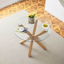 Round Tempered Glass Dining Table Wooden Legs 100cm Kitchen Dining Room