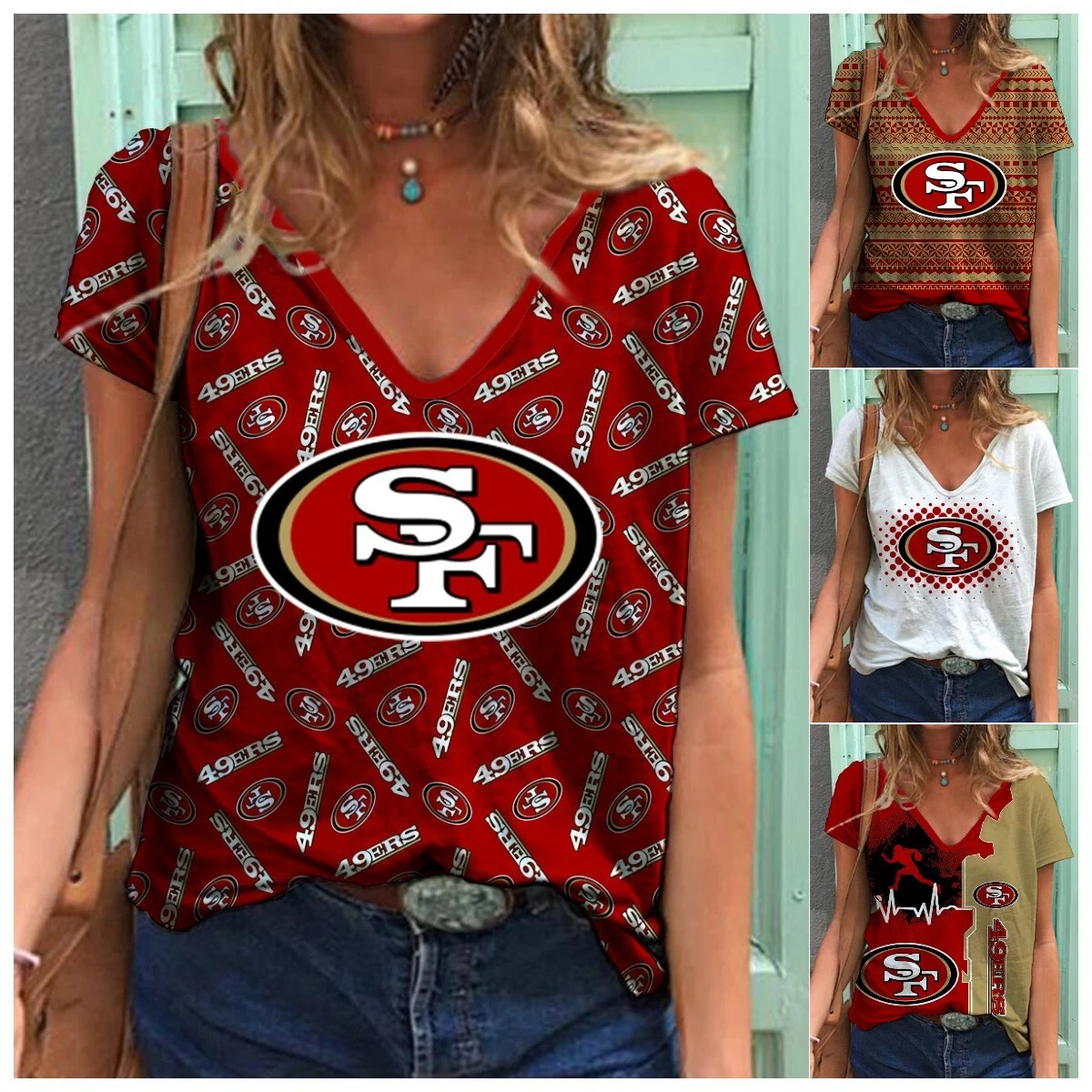 San Francisco 49ers Women's Short Sleeve T Shirt V-Neck Sport Tops Loose T- shirt