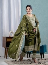 Ethnic Look Chinnon Silk Green Salwar Kameez With Dupatta For Women Wear