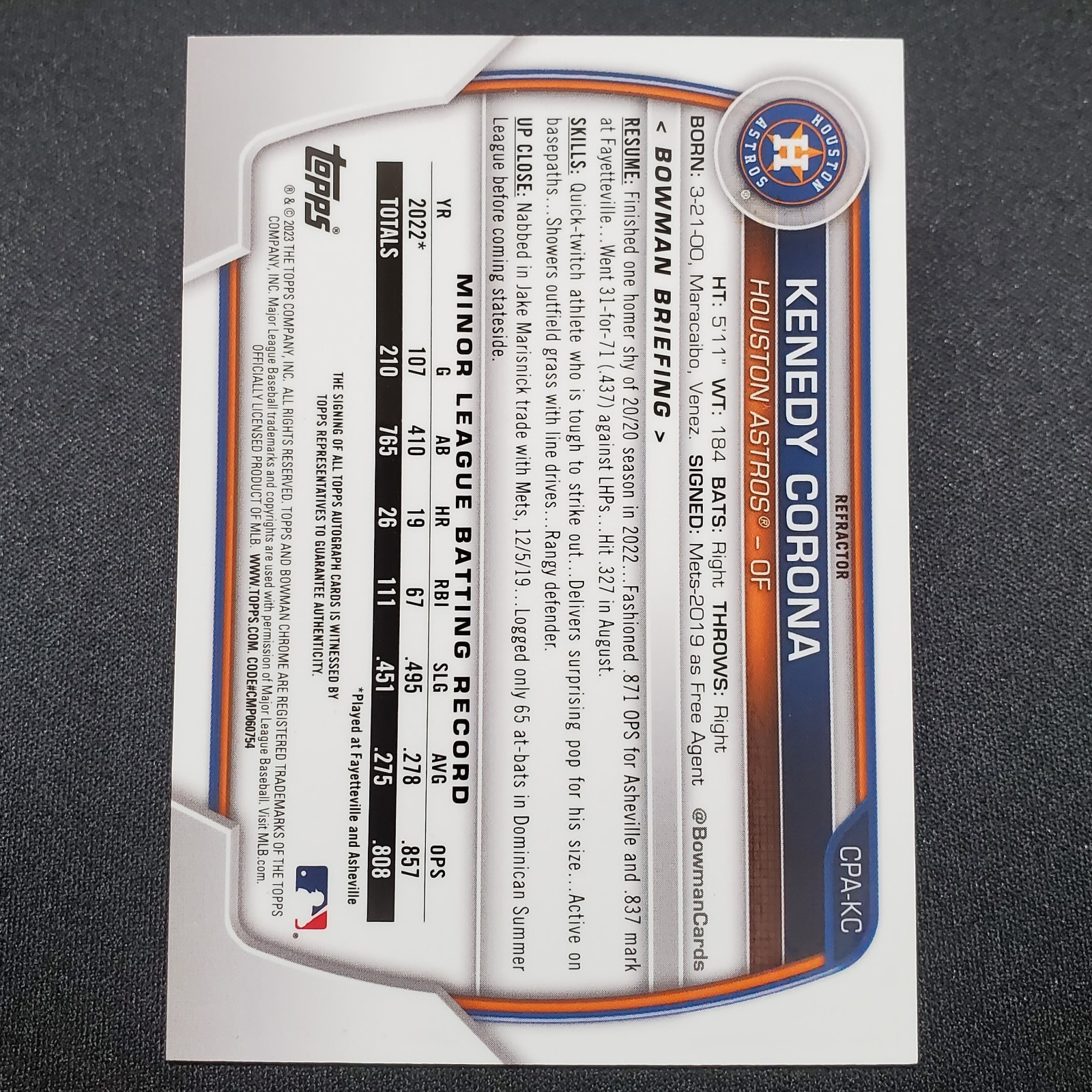 2023 Bowman Chrome Auto Kenedy Corona Refractor /499 Astros view 2