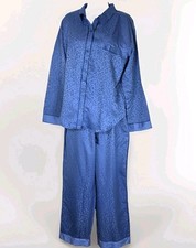 Victoria s Secret Satin Pajama Set L Blue Leopard Jacquard Button Up Long Sleeve