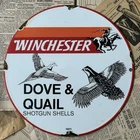 VINTAGE 1971 WINCHESTER DOVE & QUAIL SHOTGUN SHELL 12 INCH PORCELAIN ENAMEL SIGN