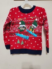 Christmas Sweater Kids XS 4-5 Elves Snow Boarding Red Embroidered Embellished