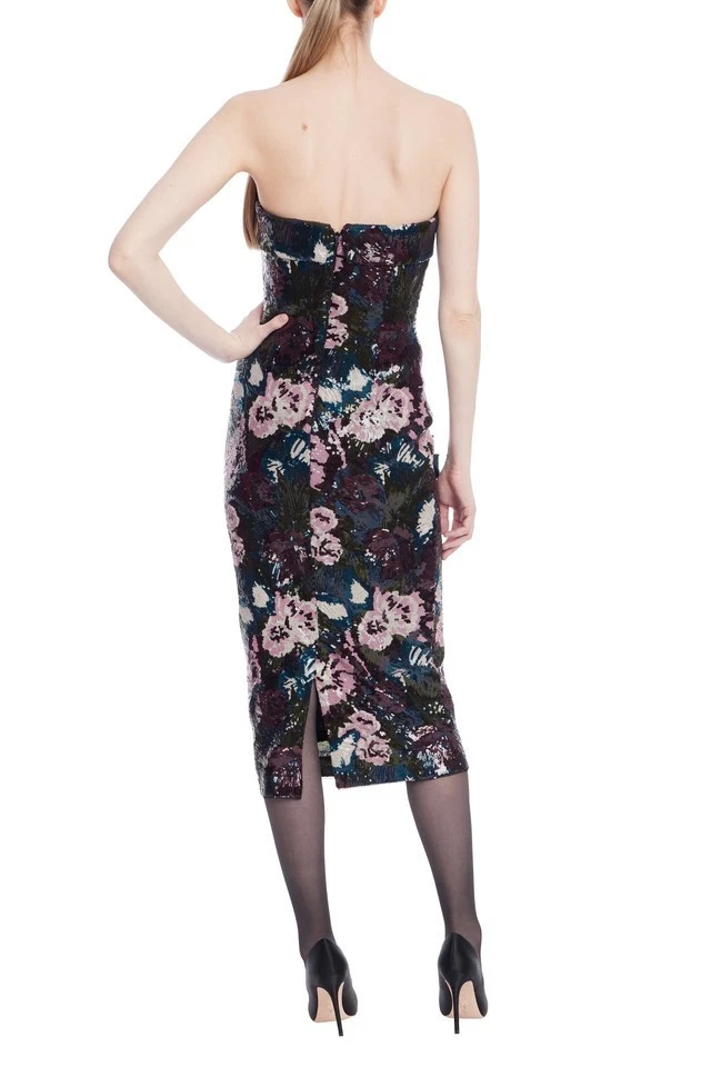 Badgley Mischka Strapless Beaded Sequin Floral Midi Dress $695 Navy multi sz 4 - Image 3 of 4