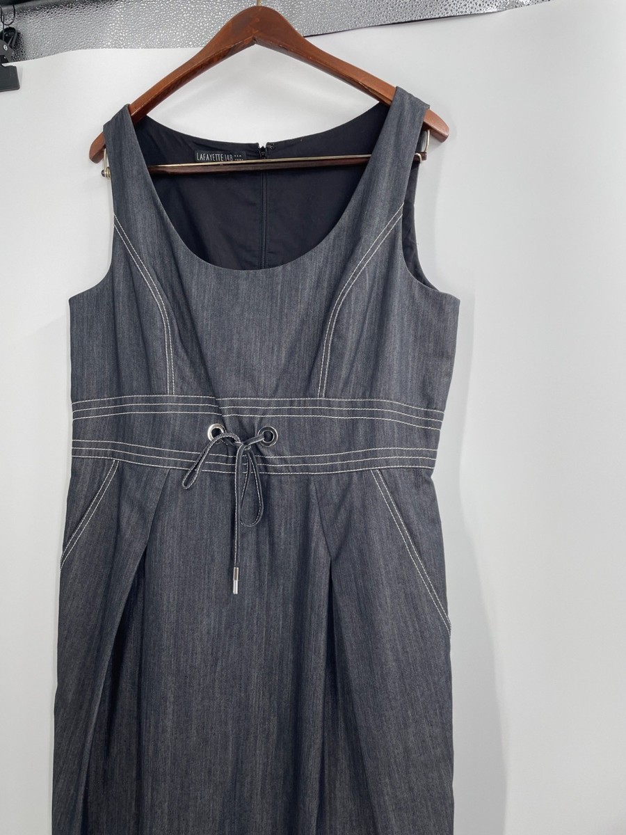 Lafayette 148 New York Womens 12 Denim Sheath Dress Scoop Neck Tie Waist  Classic
