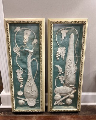 VTG MCM Illinois Molding Co Pictures Set Windsor Wall Art Deco 3D Blue & Cream