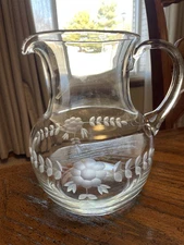 Floral Etched Hand Blown Glass Pitcher Lemonade Juice Wine Jug Pitcher Vintage