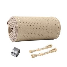 Genuine Leather Steering Wheel Cover, Anti-Slip Breathable Car Hole Beige