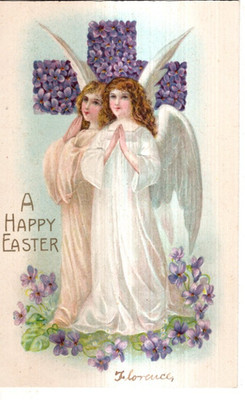 ANTIQUE EMBOSSED EASTER Postcard   TWO ANGELS, IVORY AND WHITE GOWNS, VIOLETS