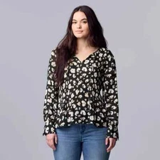 Simply Vera Vera Wang Black & White Split Neck Top  Size Large NWT L  Blouse Tee