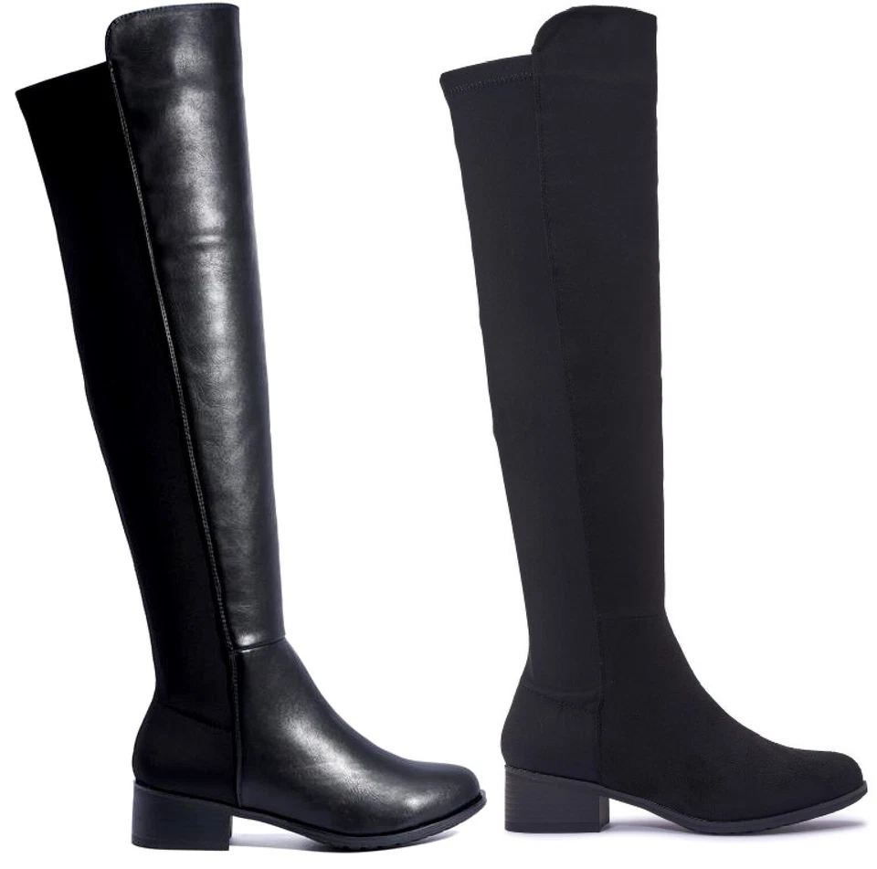 WOMENS LADIES FLAT OVER THE KNEE STRETCHY HEEL FASHION ELASTIC ZIP BOOTS SIZE UK