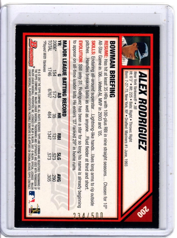 2007 Bowman Alex Rodriguez Blue /500 - Image 2 of 2