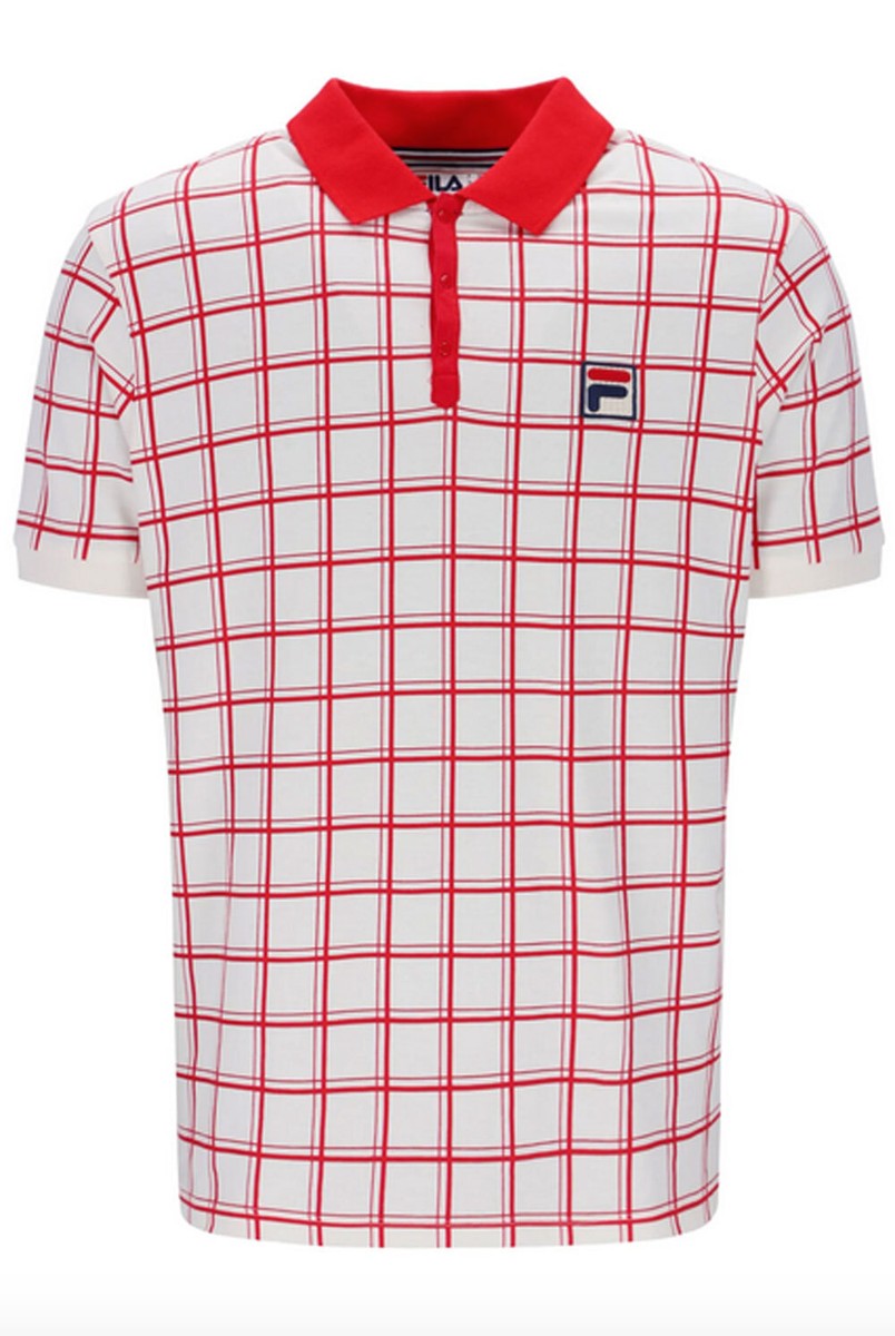 Fila Vintage Bobby Check Striped Polo T Shirt F Logo Gardenia Red BB1  Classic