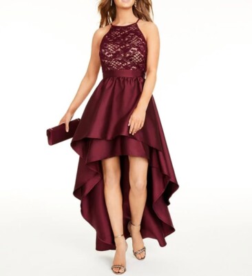 Emerald Sundae Womens Burgundy Lace Halter Maxi Formal Hi-Lo Dress Juniors 7