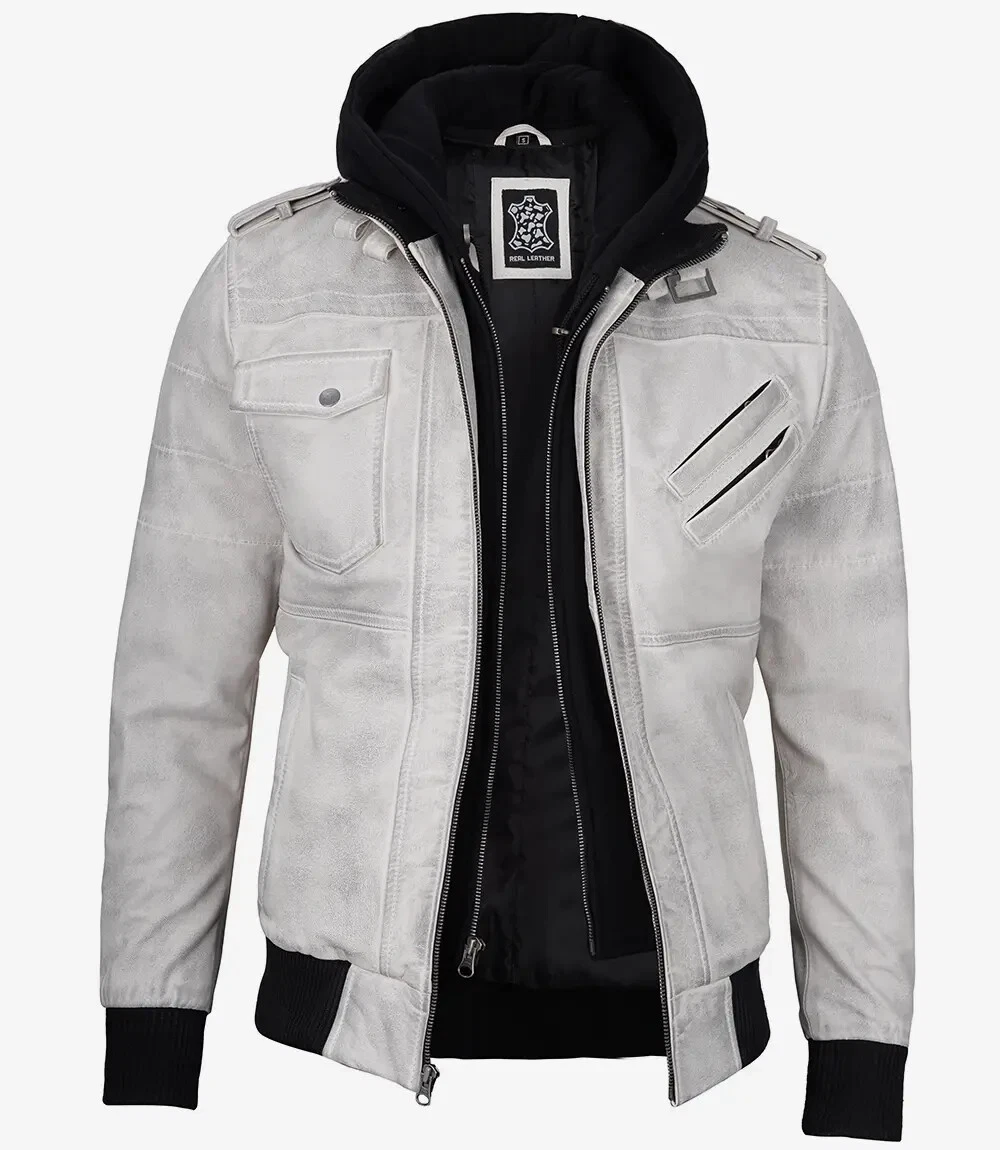 Men's Removable Hood Bomber Moto Biker Racer Off-White Grey Wax Leather Jacket
Opens in a new window